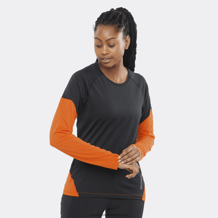 Salomon Womens Long Sleeve T-Shirt - Cross Run JV8B48919 Deep Black/Scarlet Ibis/Nocturne